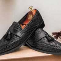 Men's Handmade Black Woven Leather Shoes, Loafer Tussle Moccasin Shoes - Thumbnail 1