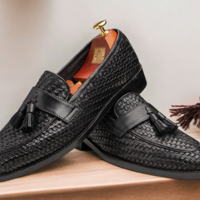 Men's handmade black woven leather shoes, loafer tussle moccasin shoes - Thumbnail 1