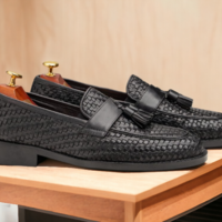 Men's Handmade Black Woven Leather Shoes, Loafer Tussle Moccasin Shoes - Thumbnail 2