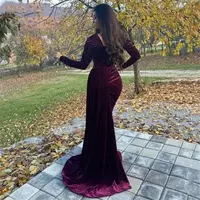 Vintage Long Sleeve Mermaid Mother of Bride Groom Dress Side Split Formal Arabic Party Evening Prom Gowns - Thumbnail 1