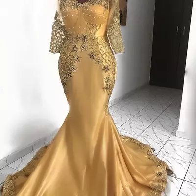 Golden mother of bride /groom dress lace beaded evening prom gowns