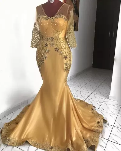 Golden Mother of Bride /Groom Dress Lace Beaded Evening Prom Gowns