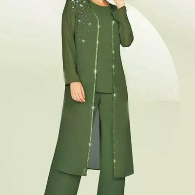 Green plus size mother of the bride/ groom pant suits with long jacket mother's groom outfit beads wedding guest dresses