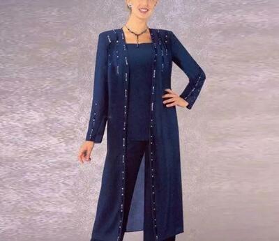 Dark Navy Three Pieces Mother Of The Bride /Groom Pant Suits Square Neck Long Sleeves Wedding Guest Dresses Chiffon Plus Size Beaded Formal Dress