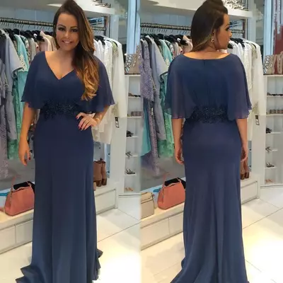 Plus size vintage mother of bride groom dress new v neck short sleeves sheath flowy chiffon long groom dresses formal evening gowns