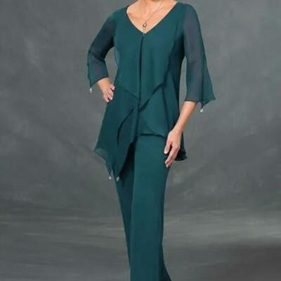 Simple chiffon mother of the bride/ groom suits pants v neck long sleeves plus size floor length mothers suits wedding guest pant suits
