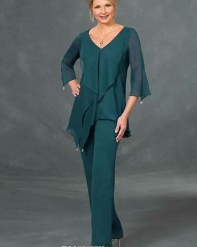 Simple Chiffon Mother Of The Bride/ Groom Suits Pants V Neck Long Sleeves Plus Size Floor Length Mothers Suits Wedding Guest Pant Suits