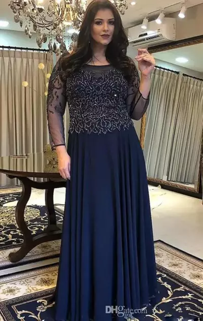 Elegant Mother of the Bride/ Groom Dresses Jewel Long Sleeve Floor Length Beads Chiffon Mother Wedding Guest Gowns