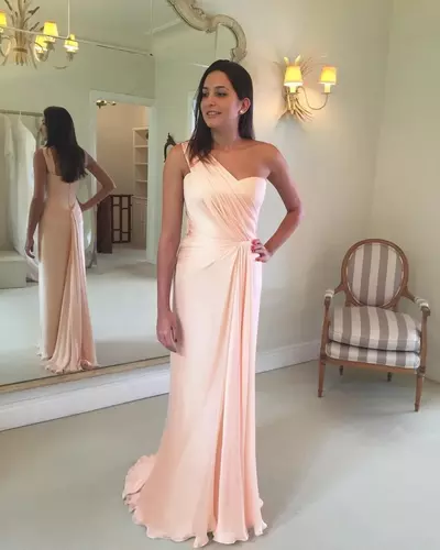 Blush Pink Mermaid Mother Of The Bride/ Groom Dresses Chiffon One Shoulder Pleats Sleeveless Sweep Train Wedding Guest Evening Gowns