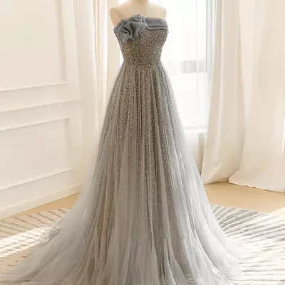 Gray sequin tulle prom & evening gown - elegant long formal dress