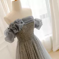 Gray Sequin Tulle Prom & Evening Gown - Elegant Long Formal Dress - Thumbnail 2