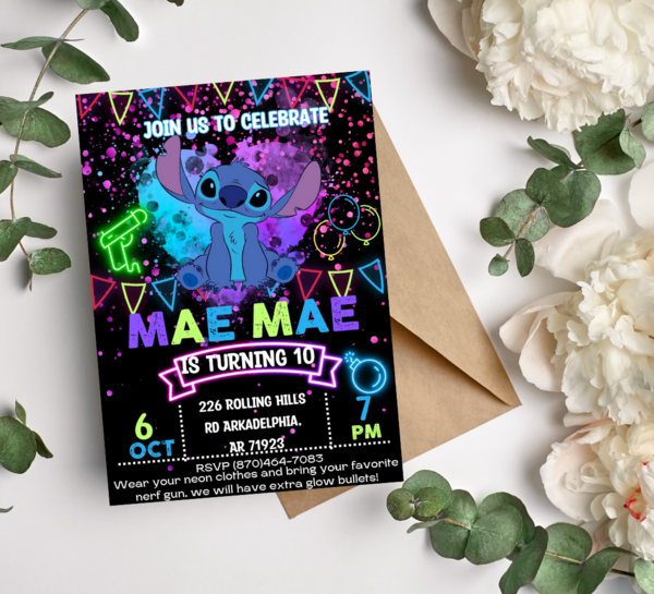 Stitch Neon Nerf Birthday Invitation | Lilo & Stitch Party Invite | Vibrant Nerf Battle Theme