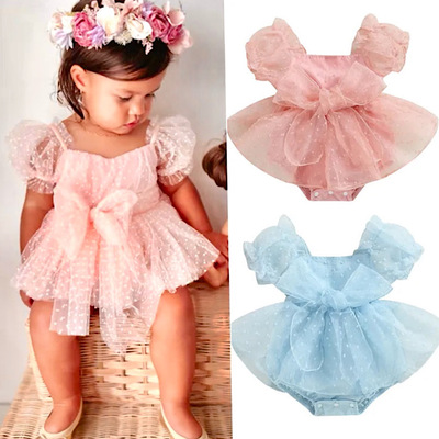 Baby girls romper dress short puff sleeve dot print pink or blue bow princess one piece outfit, free shipping