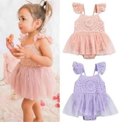 Baby girl summer romper dress fly sleeve ruffled mesh lace pink or purple one piece outfit, free shipping