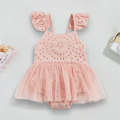 Baby girl summer romper dress fly sleeve ruffled mesh lace pink or purple one piece outfit, free shipping