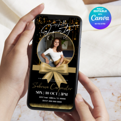 Forty gold birthday invitation, forty mobile invitation, hello forty birthday invite birthday invitation canva editable active