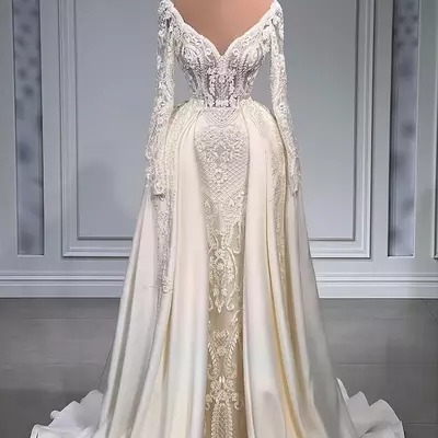 Elegant mermaid wedding dresses bridal gown long sleeves v neck lace applique beach overskirt satin sweep train custom made