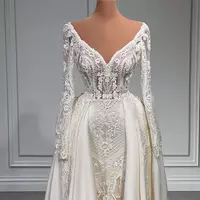Elegant Mermaid Wedding Dresses Bridal Gown Long Sleeves V Neck Lace Applique Beach Overskirt Satin Sweep Train Custom Made - Thumbnail 1