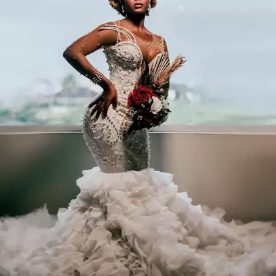 Long sleeves mermaid wedding dresses bridal gown beaded ruffles crystals pearls scoop neck custom made vestidos de novia plus size