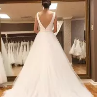 Sheer V Neck Wedding Dresses Satin Tulle Backless Sweep Train Modest Beach Country Wedding Bridal Gown Custom Made vestido de novia - Thumbnail 1