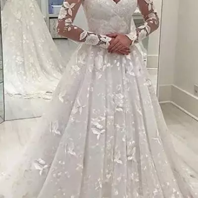 Sexy women wedding dress white lace long dress deep v-neck long mesh lace sleeve a-line pleated floor-length dresses