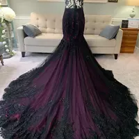 Vintage Purple and Black Mermaid Wedding Dresses Gothic Lace Appliques Beaded Sheer Neck Long Train Boho Bridal Gown Robe De Mariage - Thumbnail 2