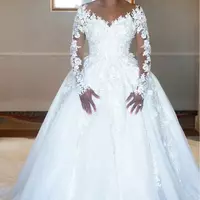 African Floral Lace Appliqued Wedding Dress Illusion Long Sleeve Bridal Gowns Beaded Chapel Train Ivory Bride Dresses Vestido De Novia - Thumbnail 1