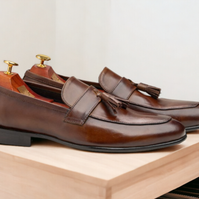 Handmade brown loafer tussle shoes, slip on moccasin shoes - Thumbnail 1