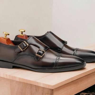 Handmade men's chocolate double buckle cap toe office shoes