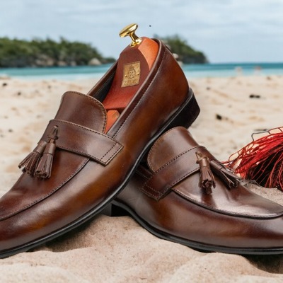 Handmade fashion men's brown leather penny tussle loafer shoes - Thumbnail 1