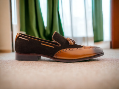 Handmade Brown Leather Suede Loafer Tussle Shoes, Men's Casual Shoes