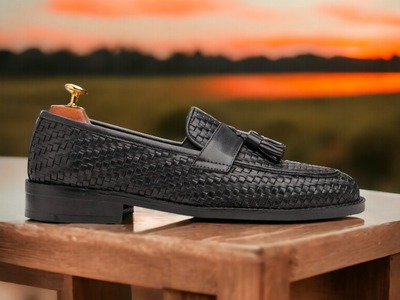 Handmade Fashion Men's Black Python Leather Penny Tussle Loafer Shoes