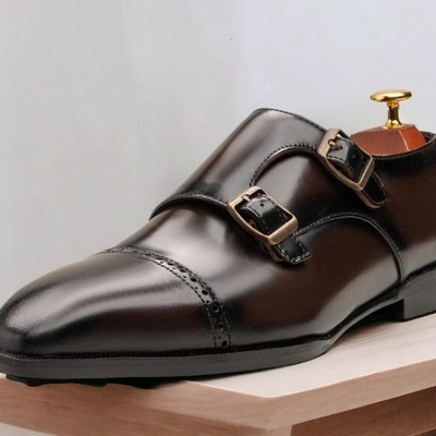 Handmade men's chocolate double buckle cap toe office shoes