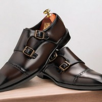 Handmade Men's Chocolate Double Buckle Cap Toe Office Shoes - Thumbnail 1