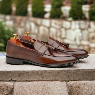 Handmade fashion men's brown leather penny tussle loafer shoes
