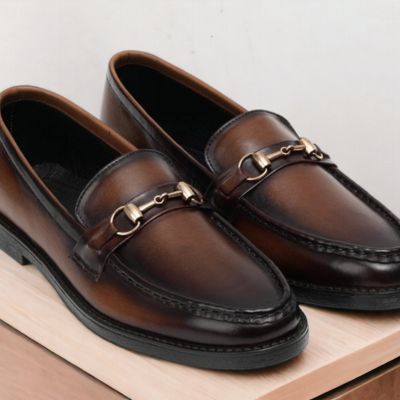 Bespoke men's brown leather shoes, horse bit loafer moccasin shoes - Thumbnail 1