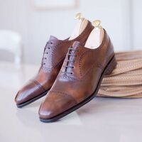 Brown Polishing Handmade Cap Toe Lace Up Dress Formal Shoes - Thumbnail 1