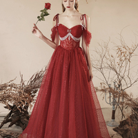 Burgundy Tulle Beaded Long Prom Dress - Thumbnail 3