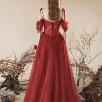 Burgundy Tulle Beaded Long Prom Dress - Thumbnail 4