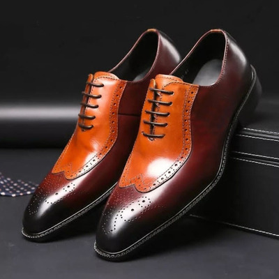Handmade brown tan color leather shoes, men lace up wing tip brogue formal shoes