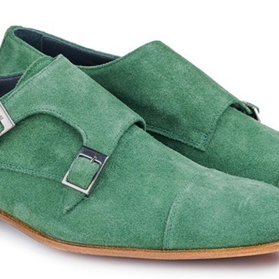 Real green suede leather monk double buckle straps plain cap toe shoes for men's