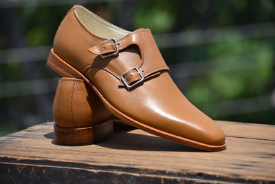 Handmade Double Monk Tan Shoes Dress Formal Shoes, Designer Shoes, Formal Shoes