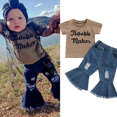 Toddler girl clothing set, brown short sleeve graphic print cotton tee and denim flared bell bottom pants, free shipping