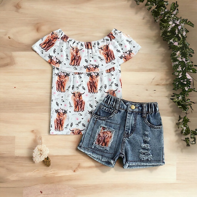 Toddler girls western cattle print off shoulder summer top and denim shorts set, free shipping