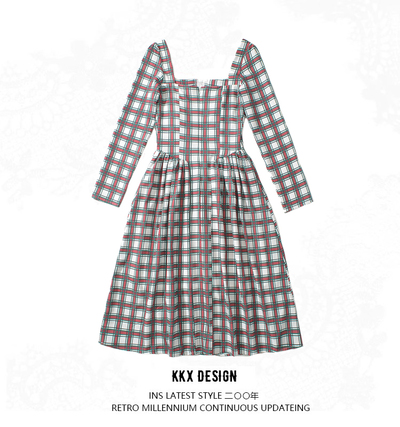 Retro style sexy square neck backless long-sleeved slim dress