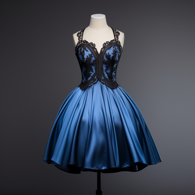 Blue Satin and Black Lace Edge Applique Strapless Short Length Lace Up Back Evening Dress Brithday Elagant Clothing Custom W1-19.2