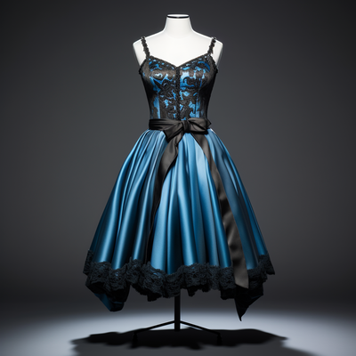 Blue Satin and Black Lace Edge Applique Strapless Short Length Lace Up Back Evening Dress Brithday Elagant Clothing Custom W1-19.4