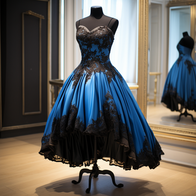 Blue satin and black lace edge applique strapless short length lace up back evening dress brithday elagant clothing custom w1-19.5 - Thumbnail 2