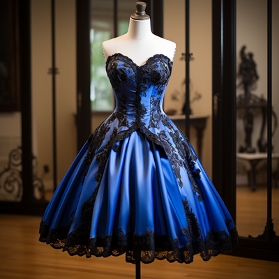 Blue satin and black lace edge applique strapless short length lace up back evening dress brithday elagant clothing custom w1-19.7