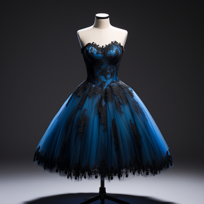 Blue satin and black lace edge applique strapless short length lace up back evening dress brithday elagant clothing custom w1-19.8